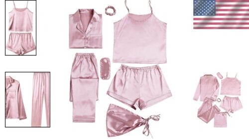 Versatile Women's 7-Piece Satin Pajama Set - Cami, Shorts & Long Sleeve Top - Picture 2 of 8