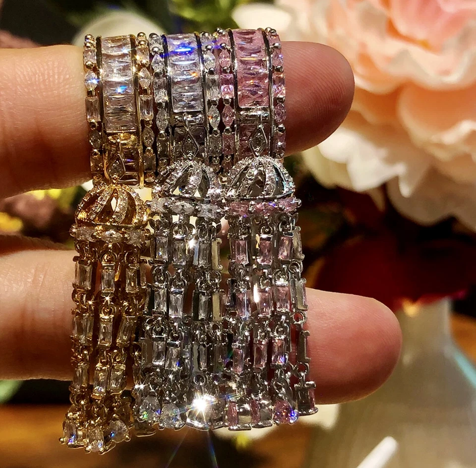 18k White Gold Filled Long Tassel Ring made w Pink Topaz Swarovski Crystal Stone - Image 4 of 4