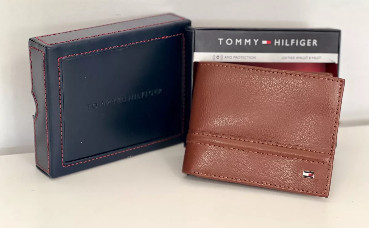TOMMY HILFIGER TAN BROWN BILLFOLD LEATHER VALET WALLET W RFID