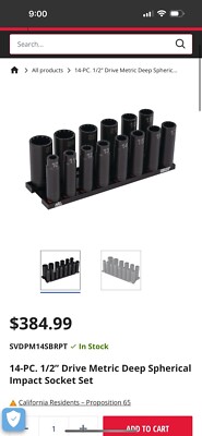 Mac Tools 14 Piece Half-Inch Drive Metric Deep Spherical Impact Socket Set ￼