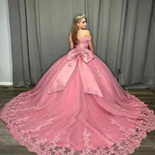 Elegant Pink Quinceanera Dresses Ball Gown Off Shoulder Lace Appliques Sweet 16