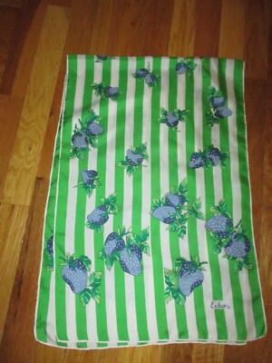 ECHO Green White Striped Blue Strawberries 100% Silk Oblong Scarf 46''