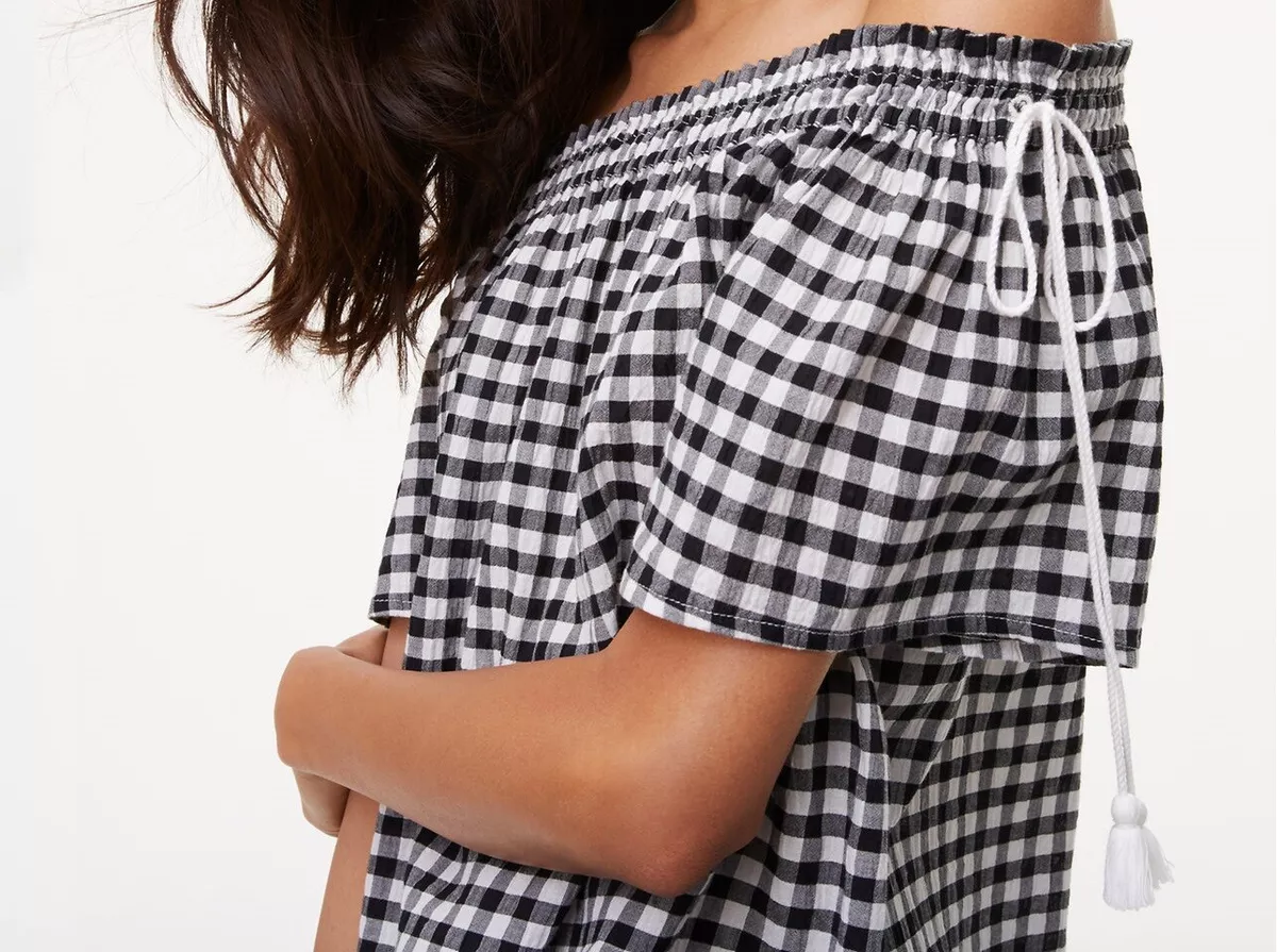 Ann Taylor LOFT Cotton Gingham Side Tie Off The Shoulder Top Size