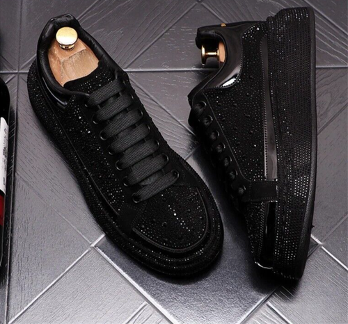 New Men Luxury Diamond Rhinestones Thick Bottom Fashion Sneakers Black Shoes - Picture 12 of 14