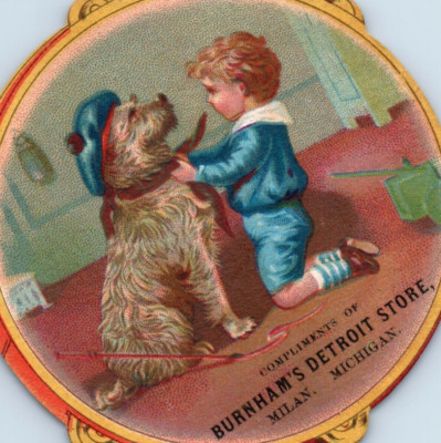 1880s Die-Cut Tambourine Burnham's Detroit Store Milan, MI Boy & Cute Dog #6L