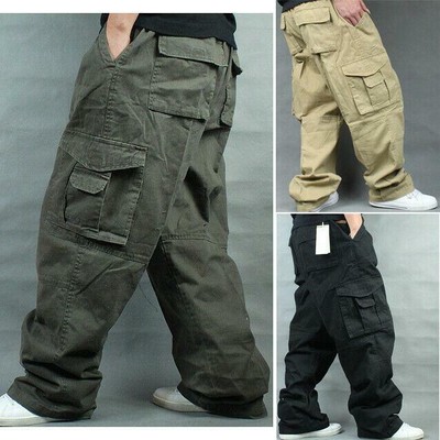 Outdoor Mens Baggy Loose Trouser Cargo Carpenters Overalls Leisure Pants 36-50