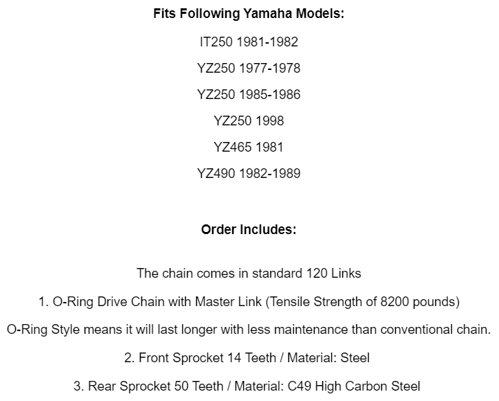 O-Ring Drive Chain &amp; Sprockets Kit For Yamaha IT250 YZ250 YZ465