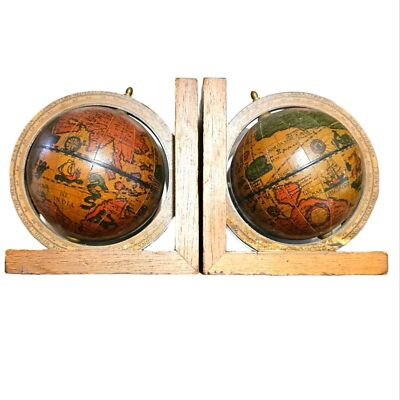 Vintage Pair of Zona Torrida Wood Spinning Globe Bookends