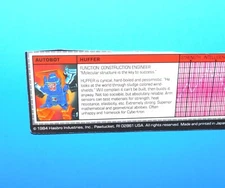 1986 G1 TRANSFORMERS HUFFER AUTOBOT TECH SPEC FILE CARD 100% ORIGINAL !!!