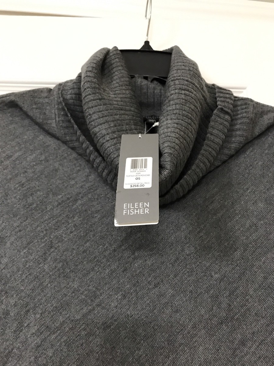 NWT $258 EILEEN FISHER Merino Jersey Ash Turtleneck Poncho