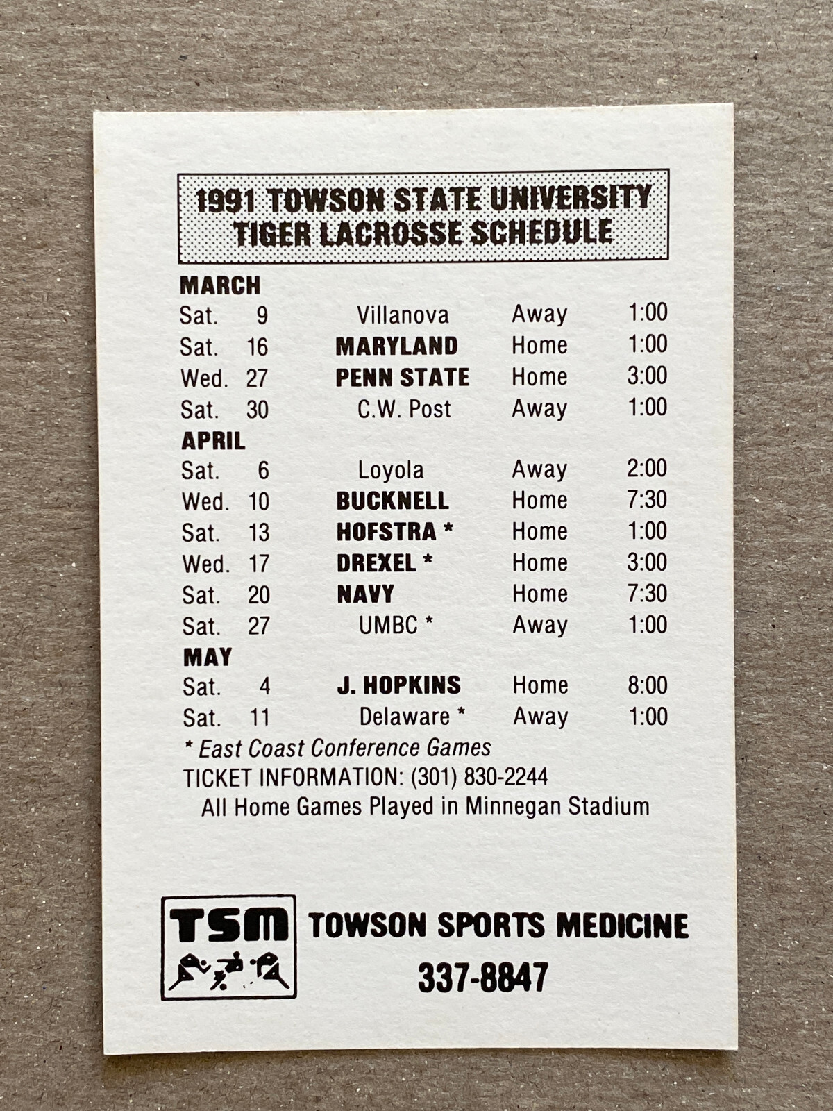 CLX 1991 TOWSON STATE ST TIGERS Men s Lacrosse Schedule College EBay clx-1991-towson-state-st-tigers-men-s-lacrosse-schedule-college-ebay