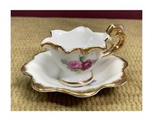 VINTAGE PORCELAIN MINIATURE TEACUP  SAUCER ROSE FLORAL WITH GOLD TRIM JAPAN