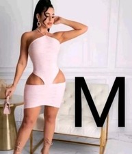 🆕Light Pink Textured Halter Hip Cut Out Mini Stretchy Bodycon Dress~Size M