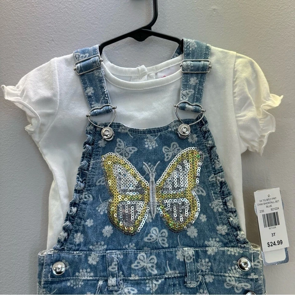 Conjunto corto Little Lass azul Jean Butterfly para niños pequeños con camiseta blanca talla 5Y nuevo con etiquetas Foto 3 de 4