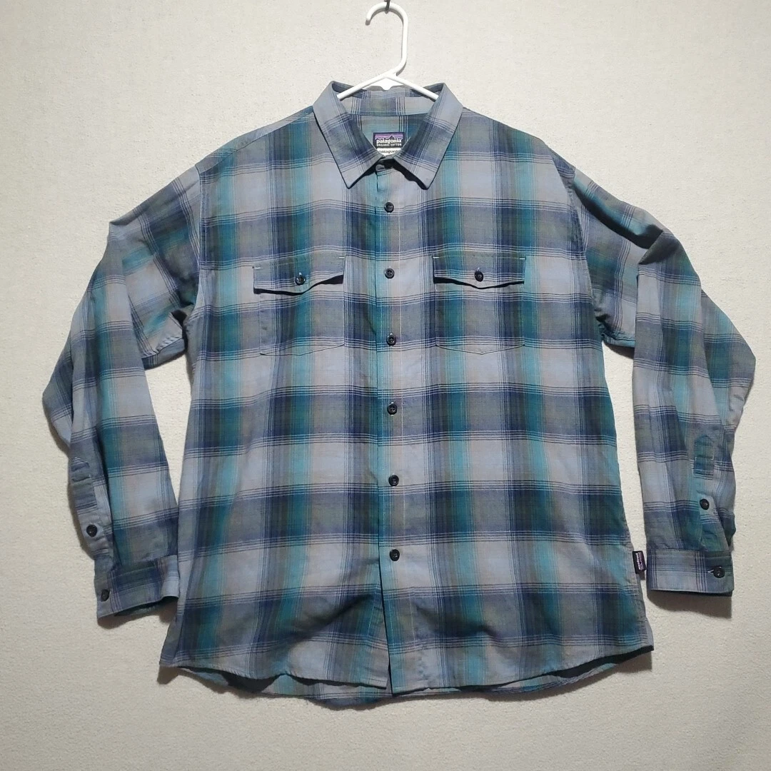 Patagonia Shirt Mens Large Fjord Flannel Midweight Camp Hike Dad Blue Gray Plaid