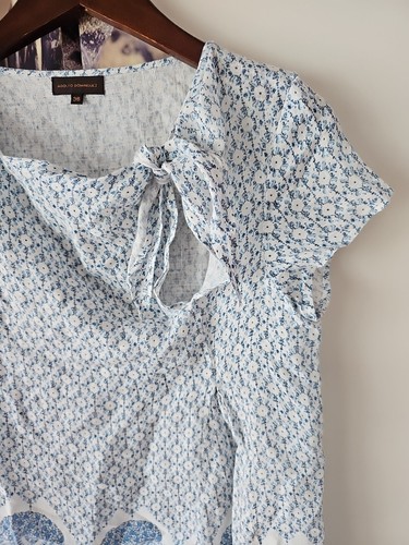 ADOLFO DOMINGUEZ Women's Blue White Printed Short Sleeve Tie Neck Linen Top 36 - Picture 3 of 6