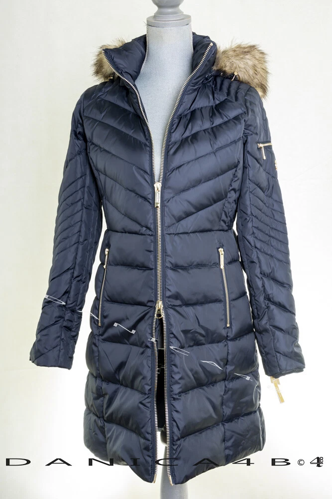 Cappotto tampone Michael Kors donna finiture in pelliccia sintetica con cappuccio trapuntato S blu navy