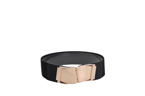 Women Black Faux Leather Stretch Band Elegant Unique Belt Gold Wave Buckle S M - Picture 11 of 24