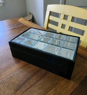 Mirror Top Black Wood Hinge Box Jewelry Watch Trinket Organizer Keepsake Display
