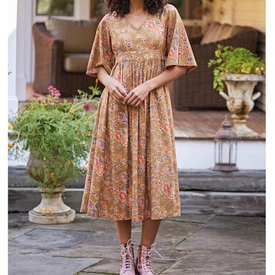 April Cornell Women s 100% Cotton Antiquarian Olive Floral Sash Tie Dress Size M