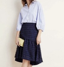 Anthropologie Maeve Miranda Fringe Textured Mid Length Kick Ruffle Skirt Blue XS