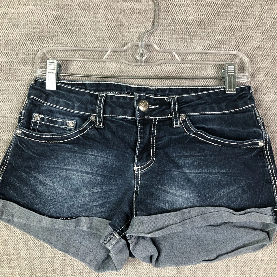 Pantalones Cortos Vanity Mujer 27 Azul Calce Original Tiro Bajo Embellecidos Lavado Oscuro Elastizados Foto 3 de 4