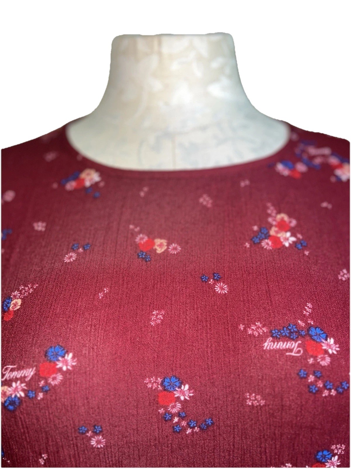 Tommy Jeans Burgundy Floral Print Tiered A-Line Short Sleeve Dress Sz SMALL, NWT thumbnail 12