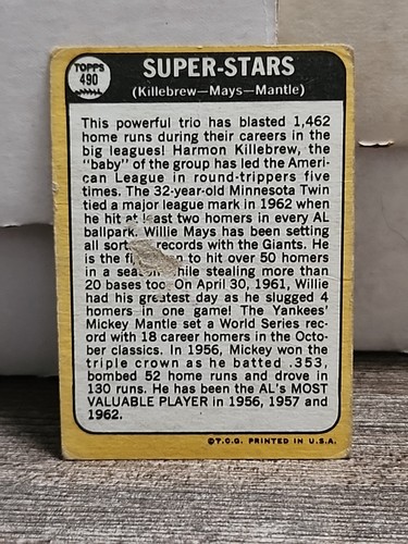1968 Topps #490 Mickey Mantle Willie Mays Harmon Killebrew - Picture 2 of 2