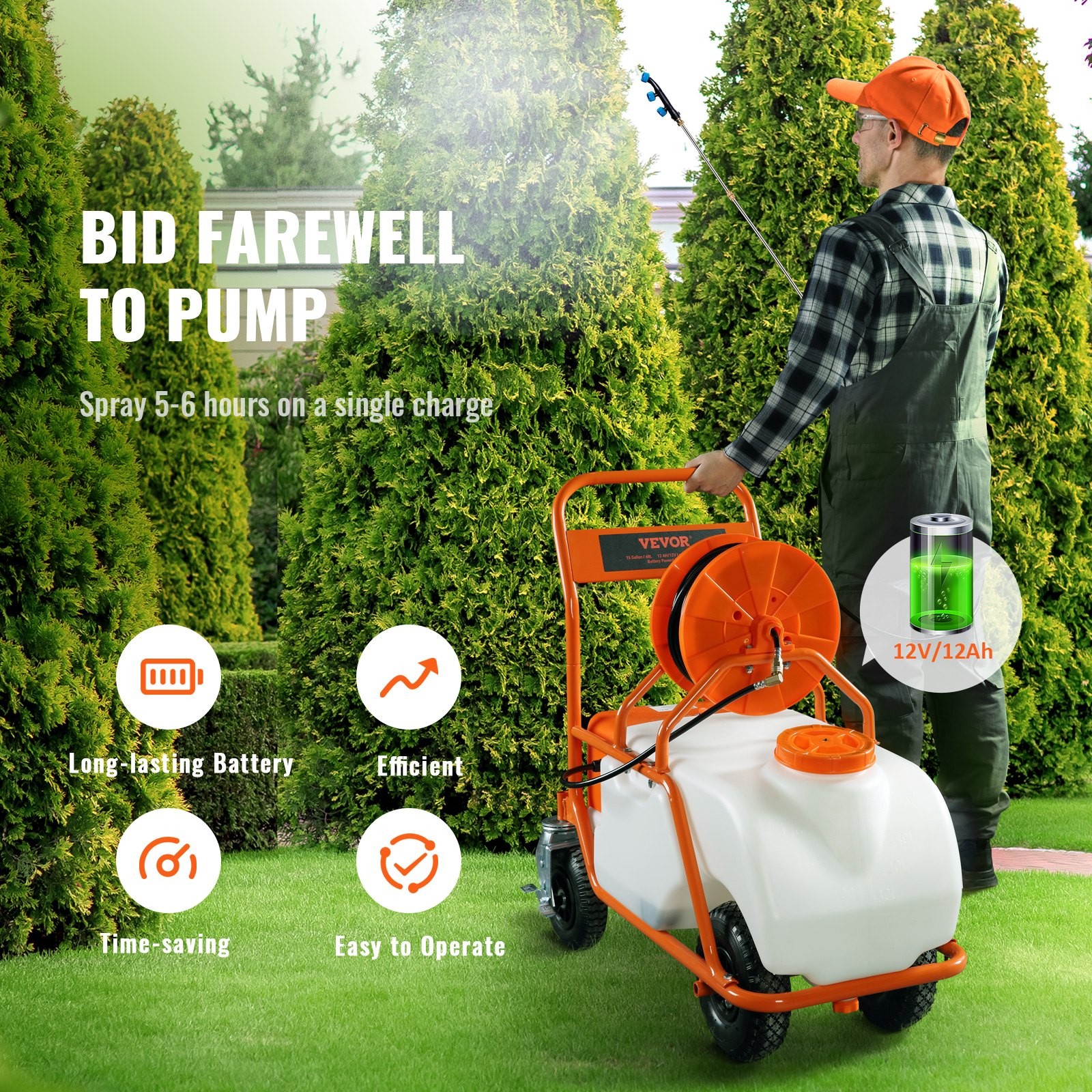 New Battery Powered Lawn Sprayer on Wheel, 0-90 PSI AdjNewtable Pressure, 15 Gal