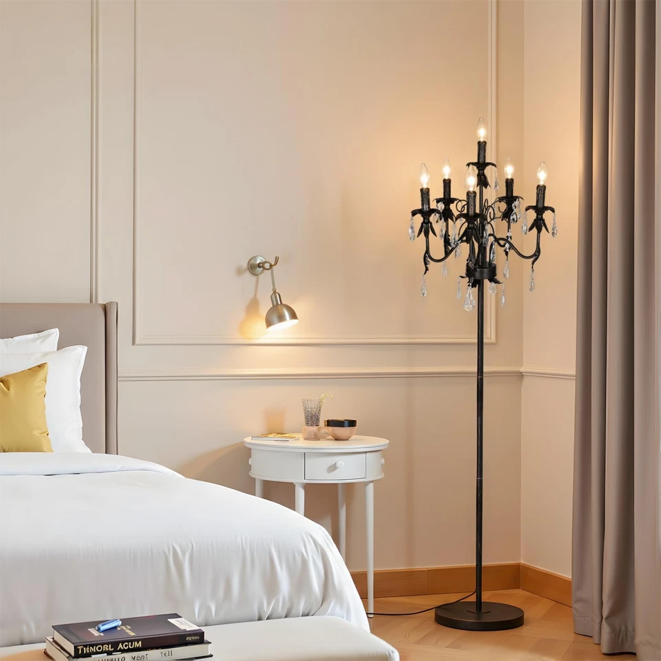 Antique Brass Crystal Chandelier Floor Lamp with 6 Candle Lights, Elegant Tra... - Image 2 of 4