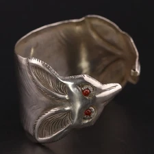 VTG Sterling Silver - ART DECO Carnelian Fennec Fox Head 6" Cuff Bracelet - 28g