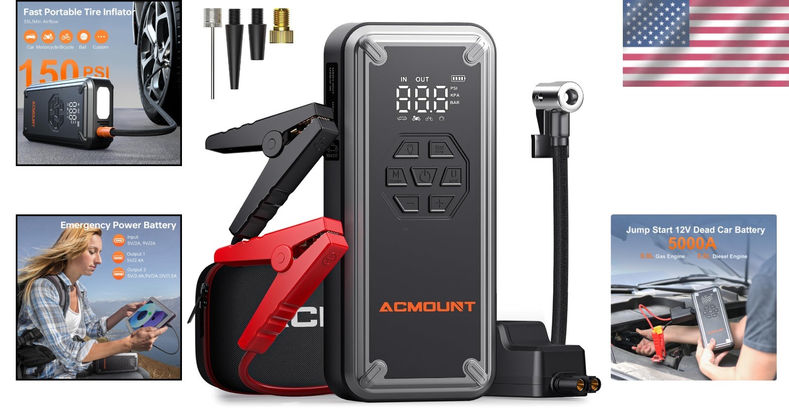 Versatile W160 Jump Starter with Air Compressor - 12V Power & Safety Technology