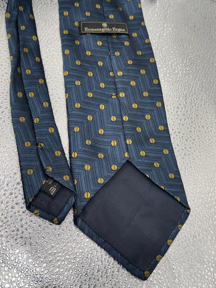 Corbata Ermenegildo Zegna Para Hombre Azul Amarillo Seda Geométrica Punto Patrón Hecho en Italia Foto 3 de 4