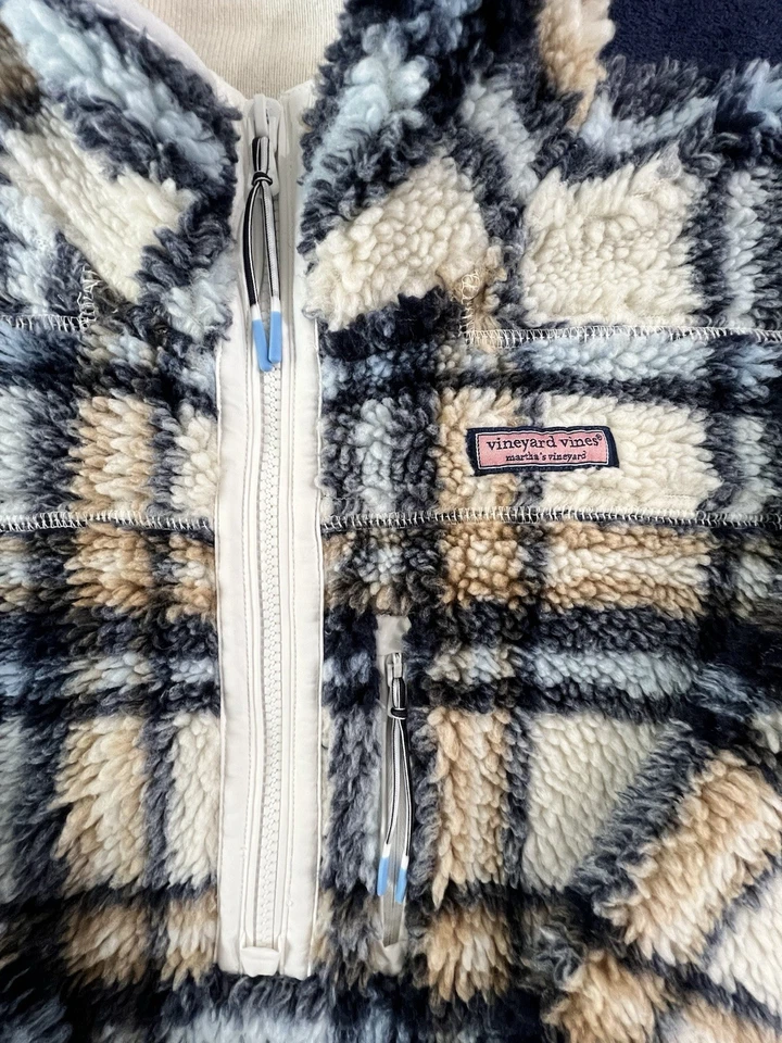 VINEYARD VINES Mujer 1/2 Cremallera SUPER OVEJA, Talla XL, Caqui/Azul Marino Cuadros, Usado en Excelente Condición Foto 2 de 4