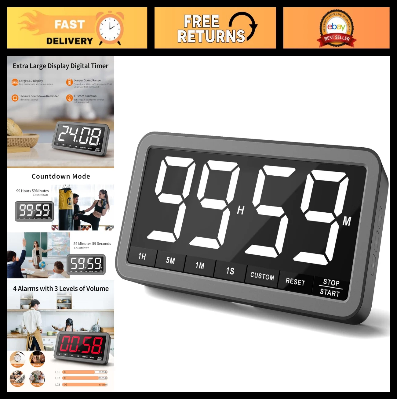 Digital Kitchen Timer - 7.8" Extra Large Display, Magnetic LED, 4 Alarms, 3 Volu
