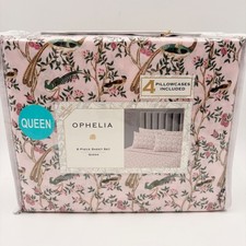 Ophelia Queen 6 Piece Sheet Set Pink Botanical Bird Floral 4 Pillowcases NEW