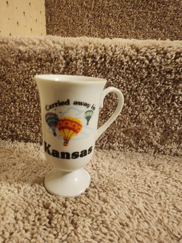 KANSAS SOUVENIR MUG CUP PAPEL HAND DECORATED CARRIED AWAY IN KANSAS 5 1/4" TALL