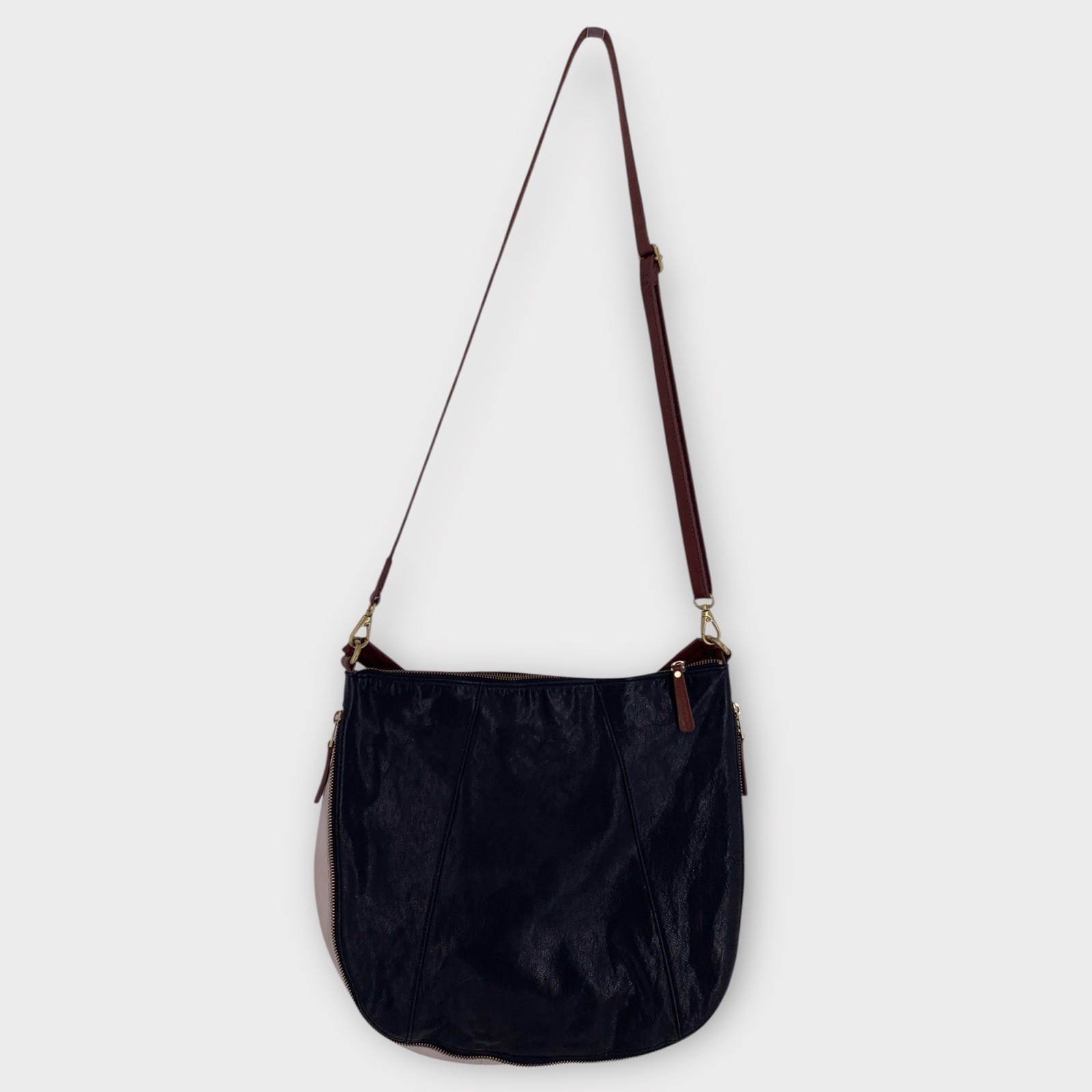 Fossil Two Tone Goat/Leather Hobo Crossbody Bag/Shoulder Purse Black/Stone Zip