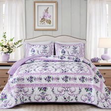 Purple Quilt Set King Size, 3 Pieces Floral Pattern Quilts Bedspread with 2 P...