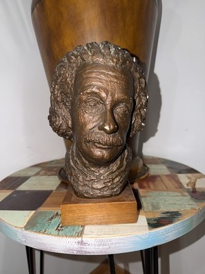 Albert Einstein Bronze Metal Bust Sculpture Head on Wood Base, Metallic Finish