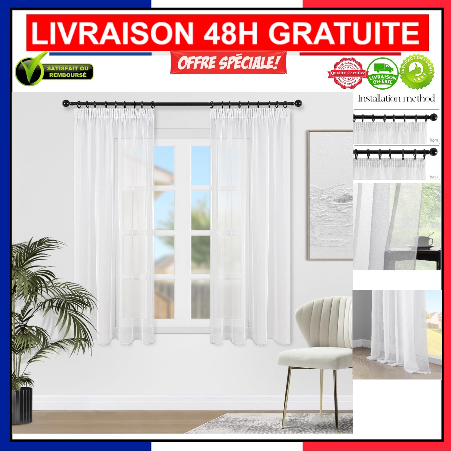 Lot de 2 rideaux voilages Topfinel effet lin 140x160 cm blanc pour salon