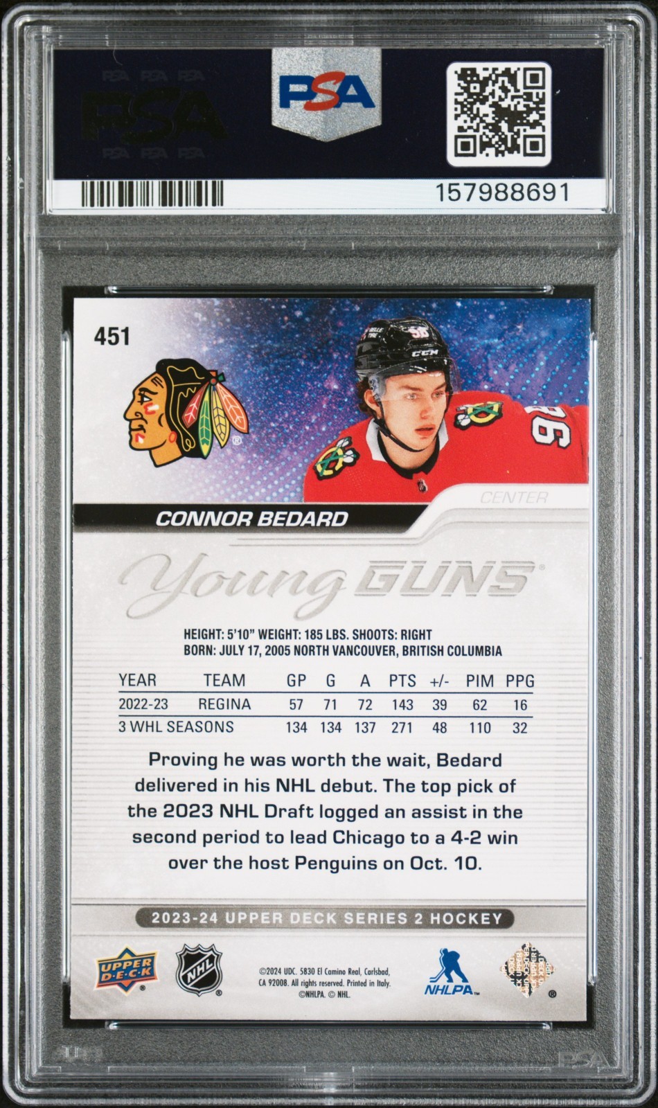 Connor Bedard 2023-24 Upper Deck Young Guns #451 Chicago Blackhawks PSA 9 view 2