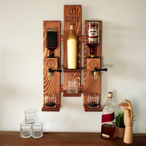 Wooden  Wall Mounted Whiskey Dispenser, Custom Engraved Spirit Rack with Taps - Afbeelding 12 van 18