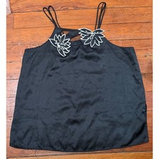 Vintage Cinema Etoile Black Satin Floral Embroidered Camisole Top Women Lingerie