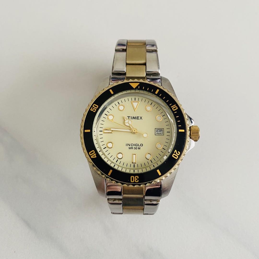 Timex Indiglo 40mm Silver Gold Diver Watch Cream Dial Quartz 0706 Used