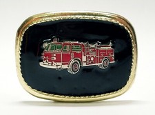 Fire Truck Framed in Black Vintage Metal and Enamel Belt Buckle