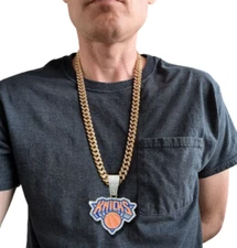 NEW YORK KNICKS GEM NECKLACE Gold Bling Basketball Hip Hop Pendant & 28" Chain