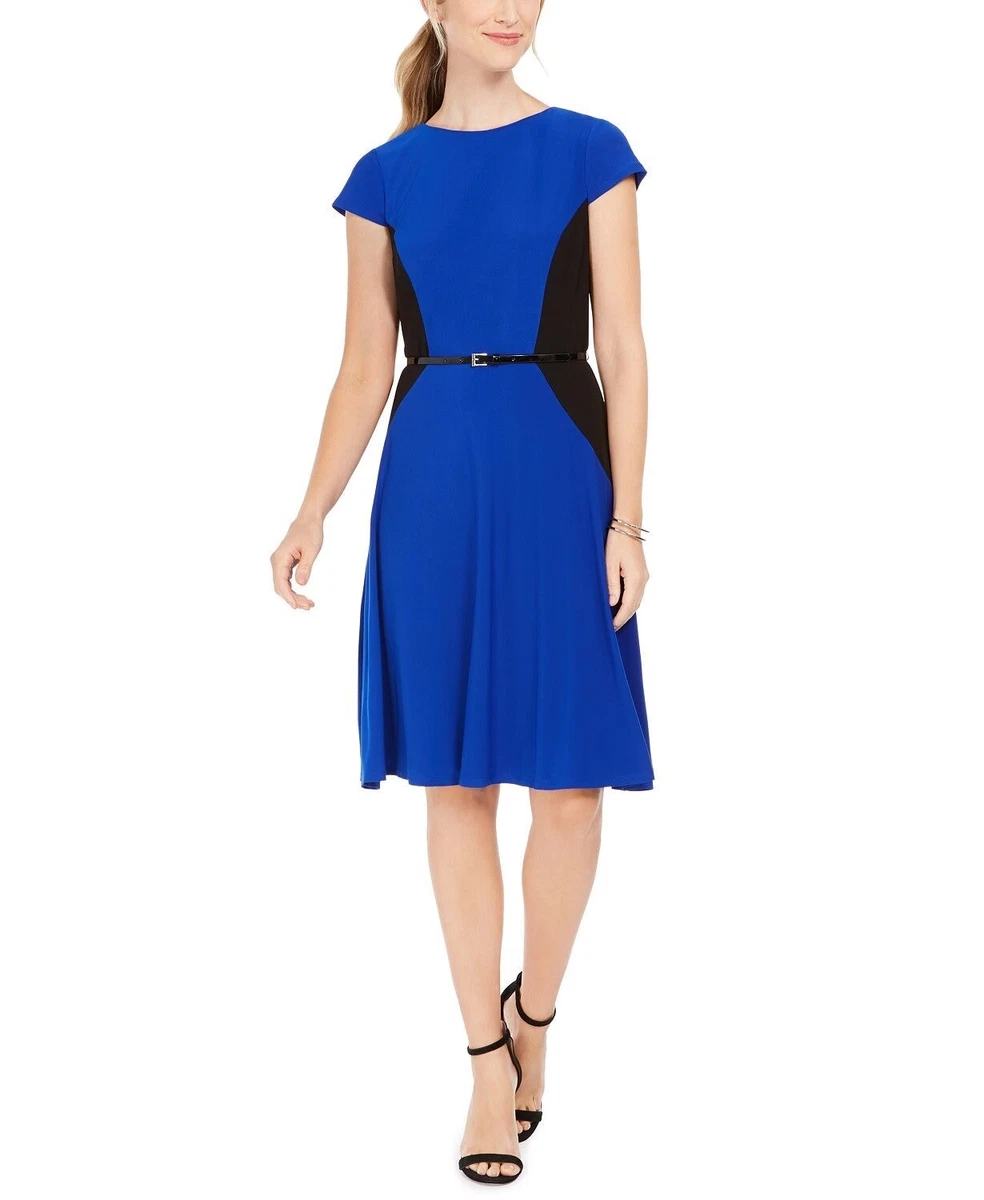 NEW JESSICA HOWARD BLUE BLACK BELTED FIT AND FLARE CAREER DRESS