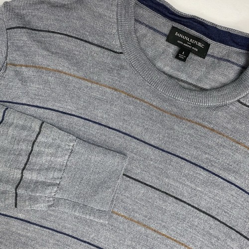 Banana Republic Factory Sweater Mens Large Merino Wool Gray Striped Preppy - Picture 2 of 13