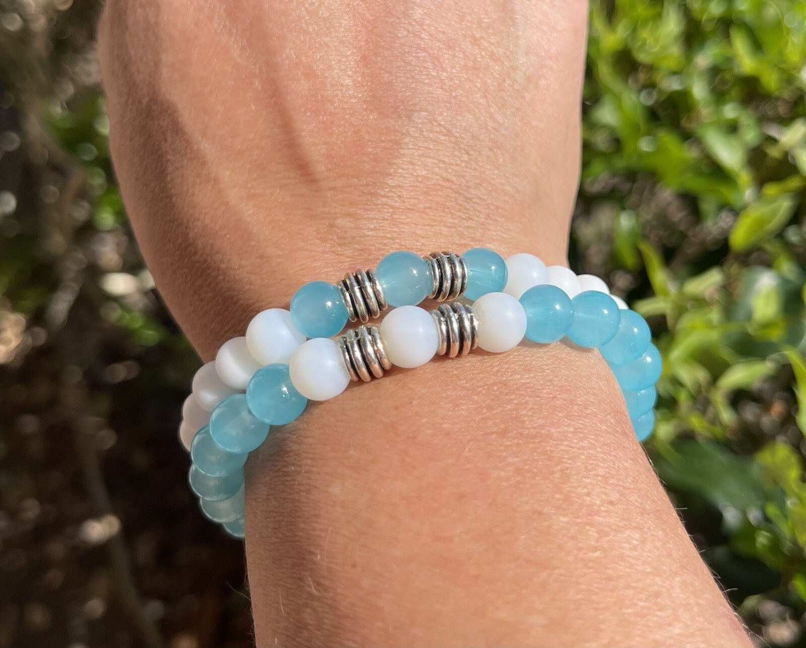 Teal and white glass beaded bracelet set with antique silver charms 8mm 2pc-image